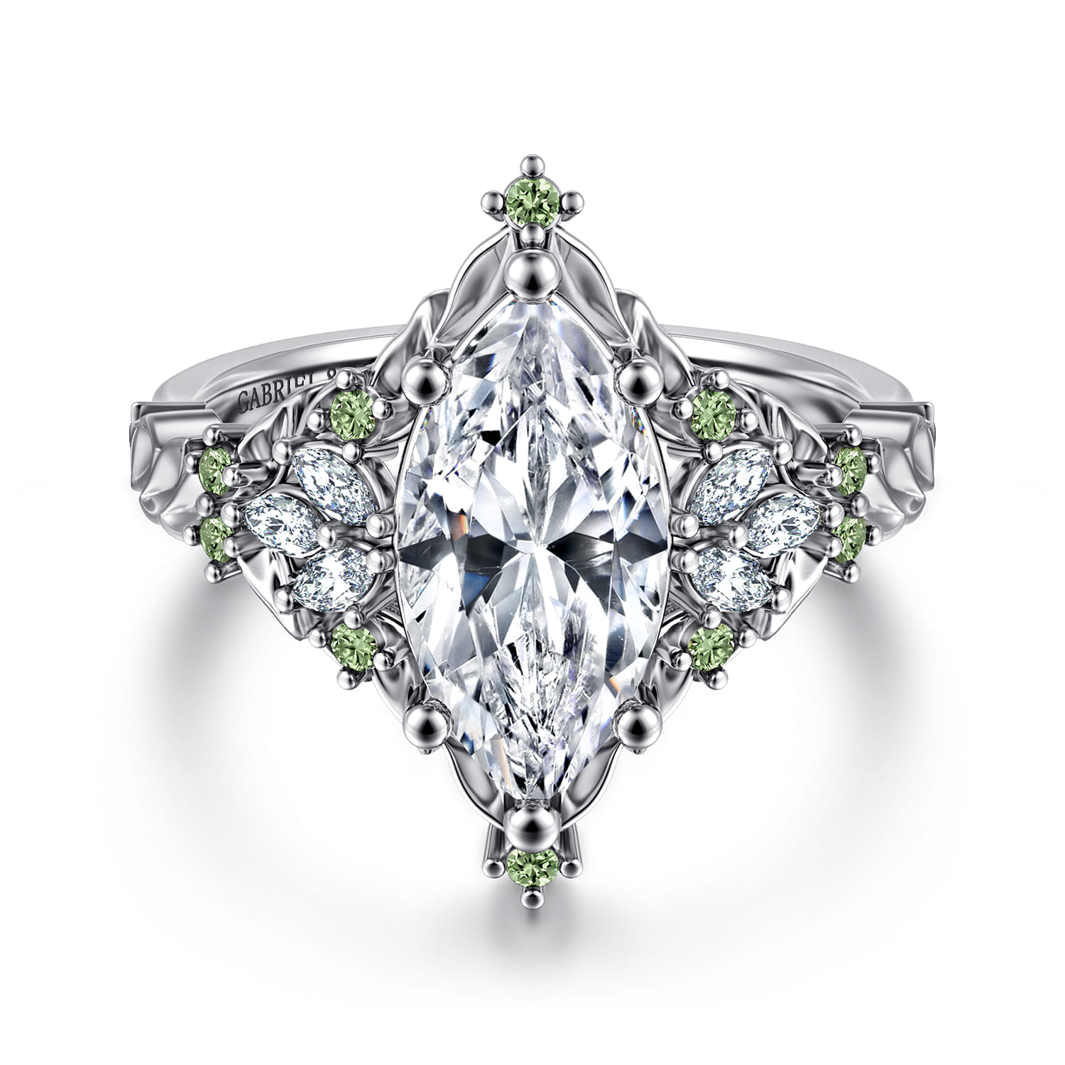 Swift - 14K White Gold Marquise Shape Cluster Green Sapphire and Diamond Engagement Ring - 0.19 ct - Shot 1