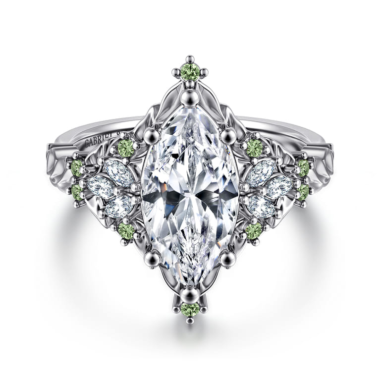 Swift - 14K White Gold Marquise Shape Cluster Green Sapphire and Diamond Engagement Ring - 0.19 ct - Shot 1