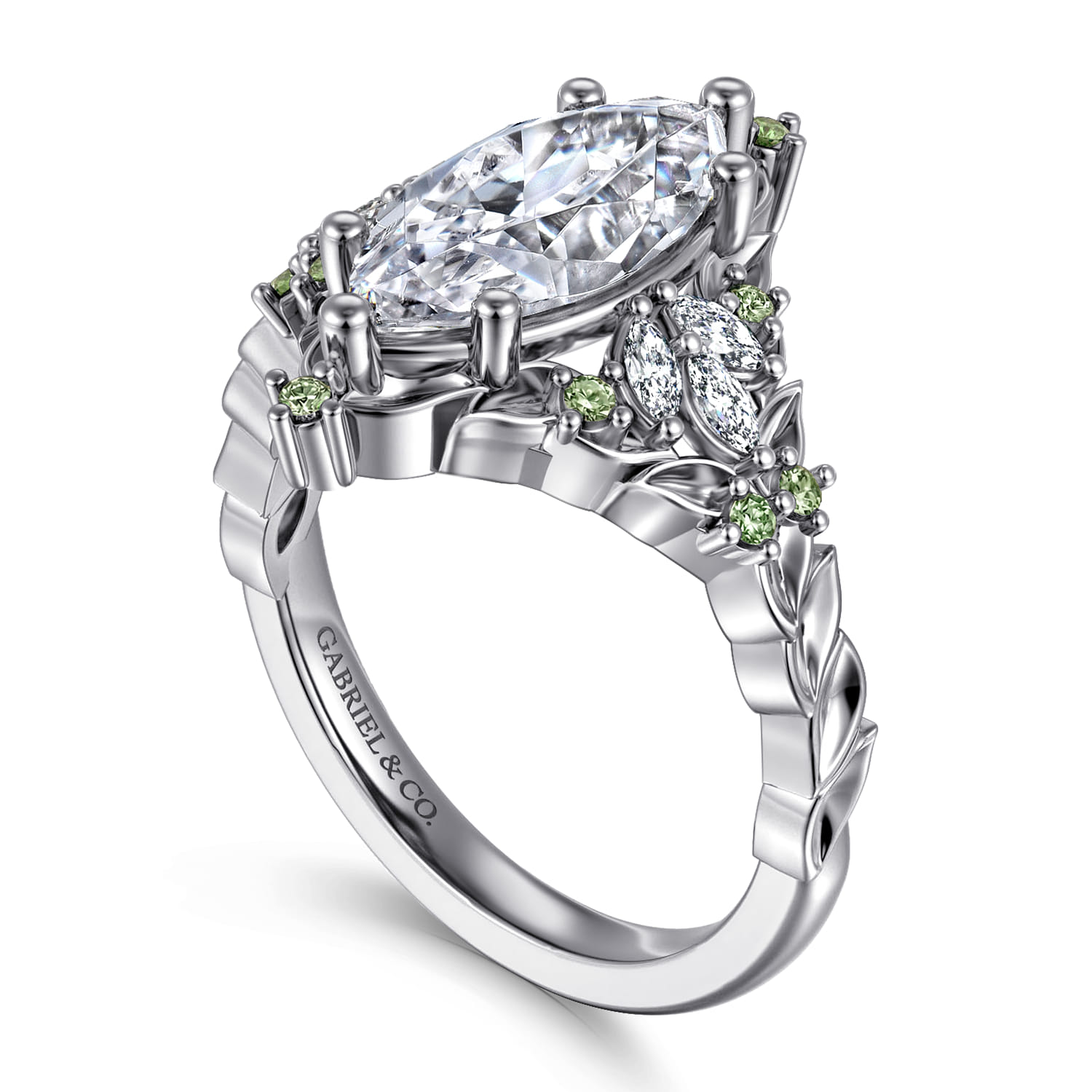 Swift - 14K White Gold Marquise Shape Cluster Green Sapphire and Diamond Engagement Ring - 0.19 ct - Shot 3