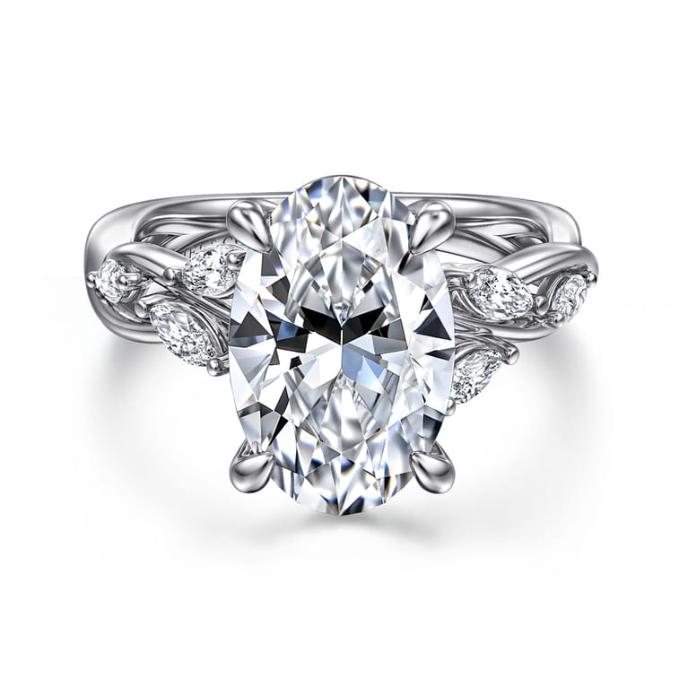Charlina - 14K White Gold Floral Oval Diamond Engagement Ring - 0.35 ct - Shot 1
