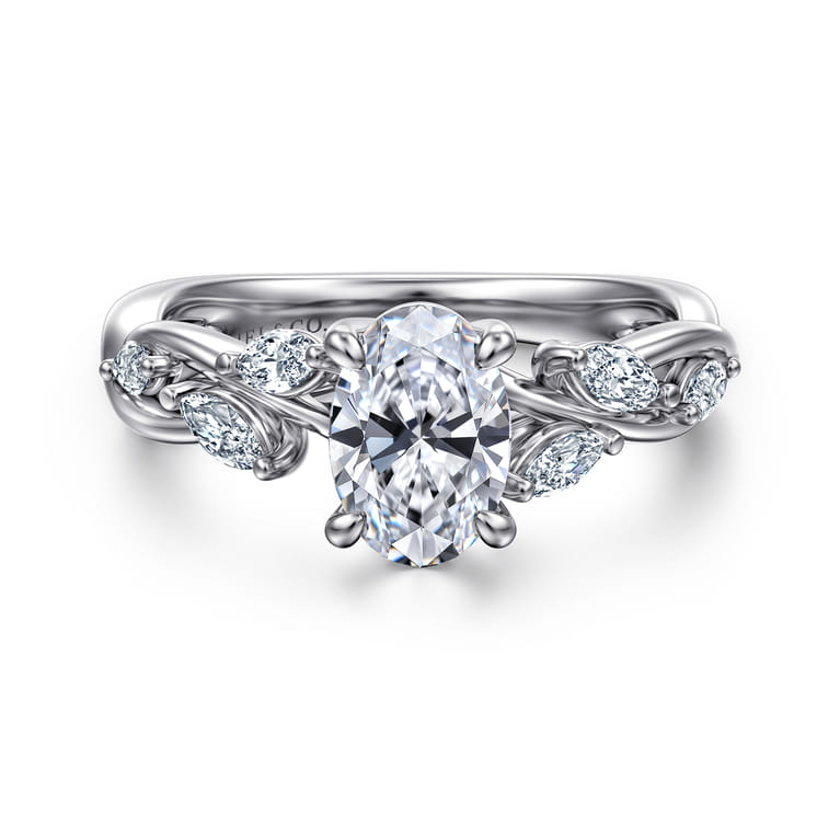 Charlina - 14K White Gold Floral Oval Diamond Engagement Ring - 0.35 ct - Shot 1