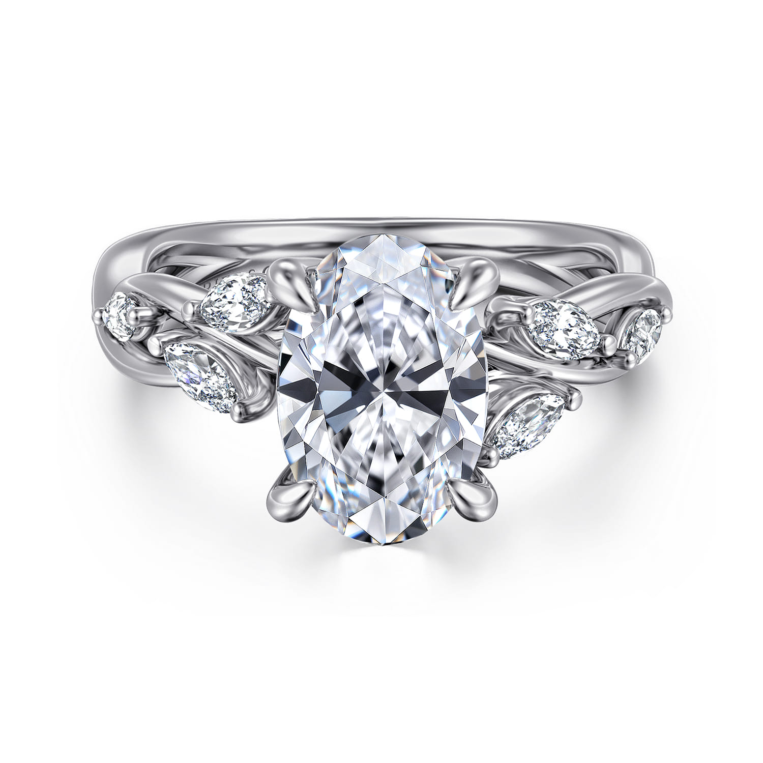 Charlina - 14K White Gold Floral Oval Diamond Engagement Ring - 0.35 ct - Shot 1