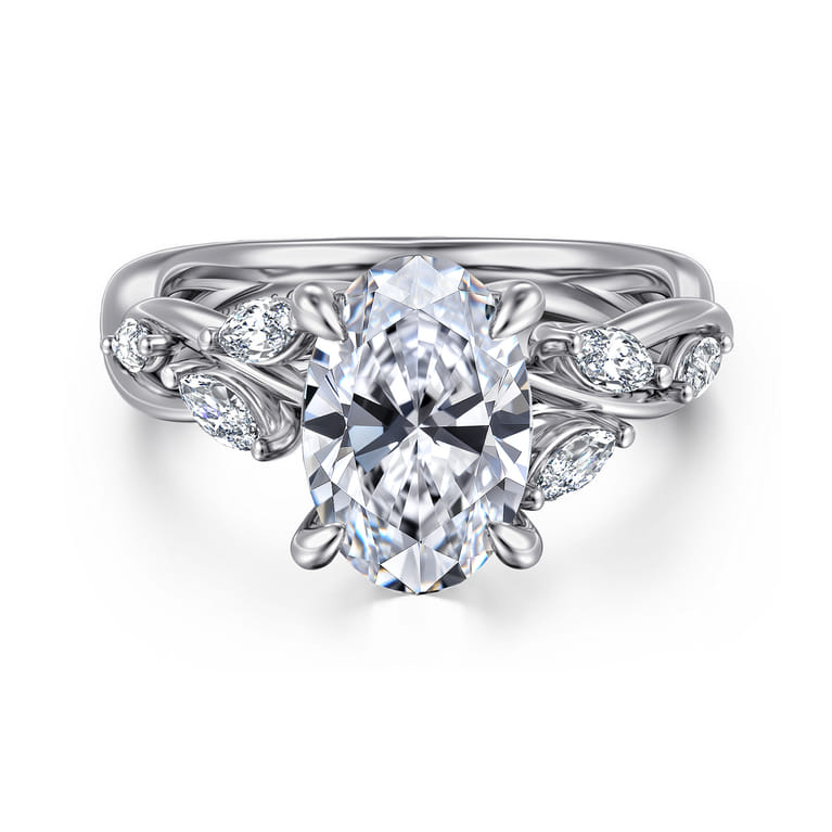 Charlina - 14K White Gold Floral Oval Diamond Engagement Ring - 0.35 ct - Shot 1