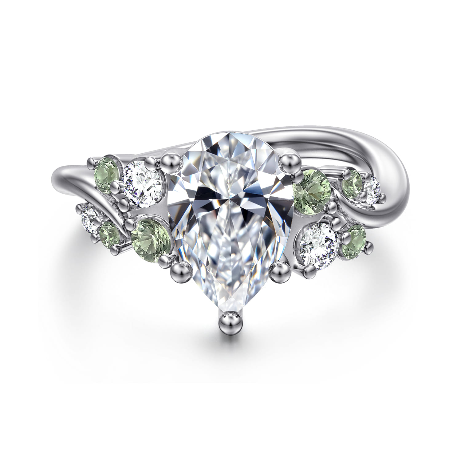 Charm - 14K White Gold Bypass Pear Shape Green Sapphire and Diamond Engagement Ring - 0.18 ct - Shot 1