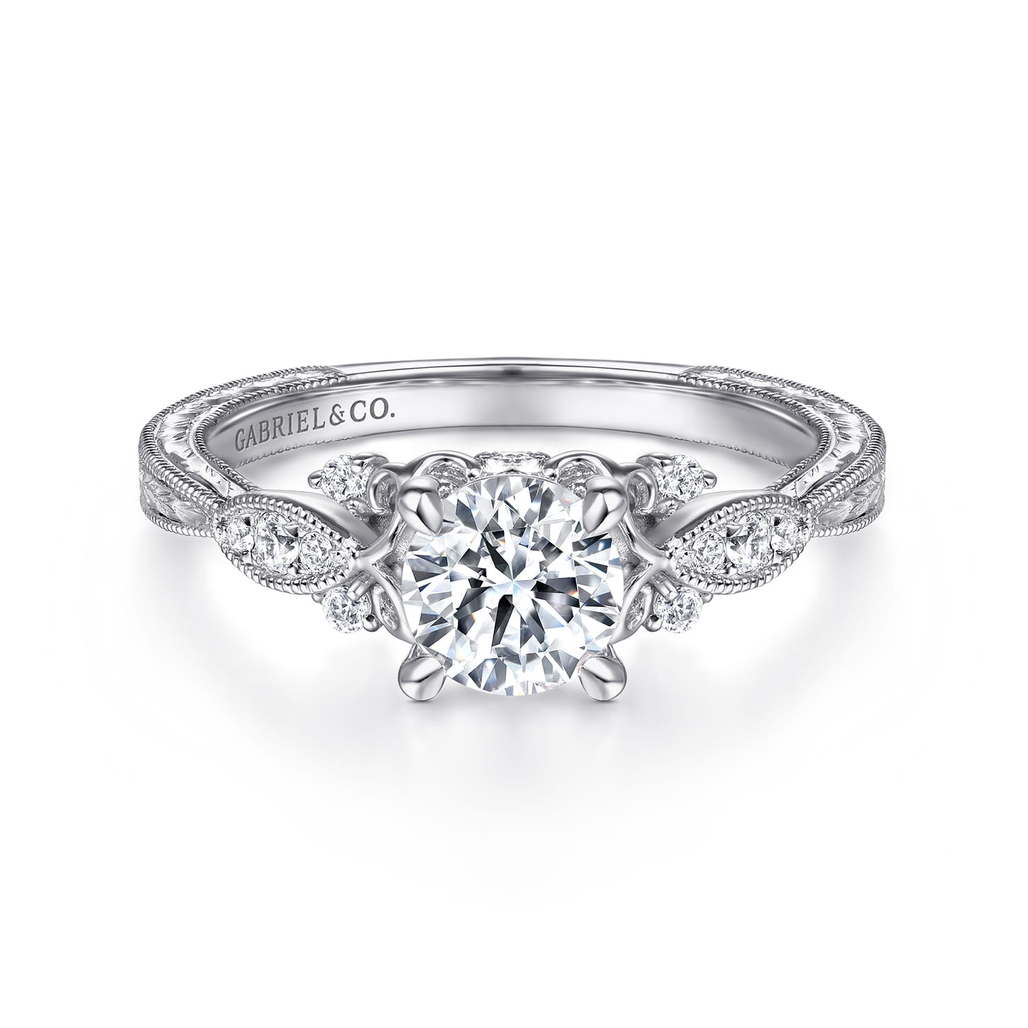 Solene - Vintage Inspired 14K White Gold Round Diamond Engagement Ring - 0.13 ct - Shot 1