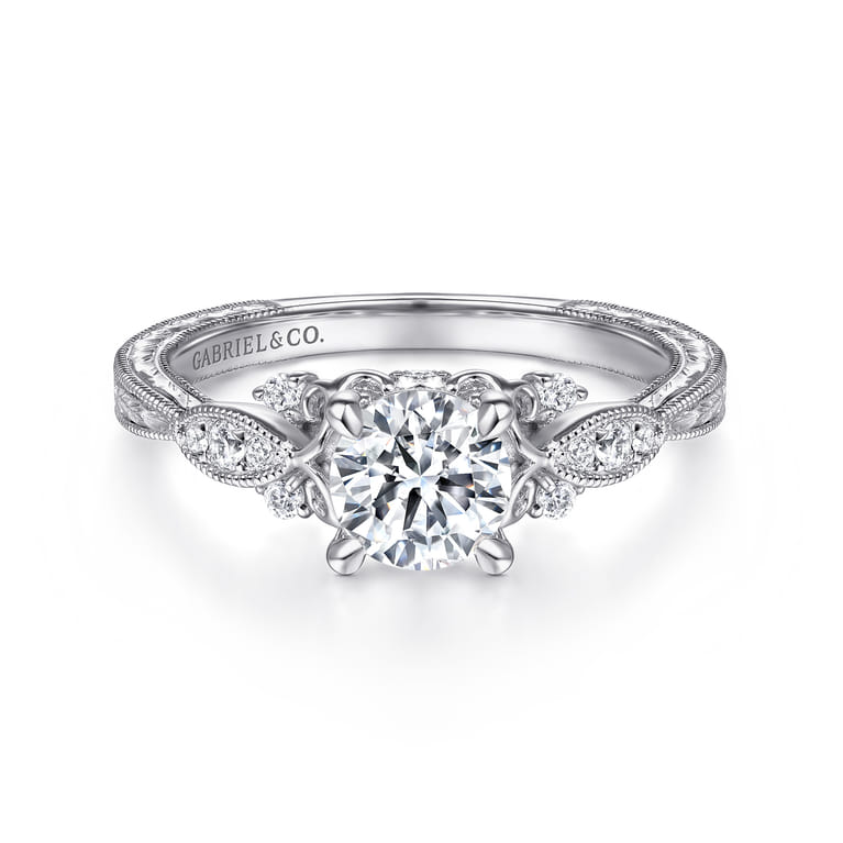 Solene - Vintage Inspired 14K White Gold Round Diamond Engagement Ring - 0.13 ct - Shot 1