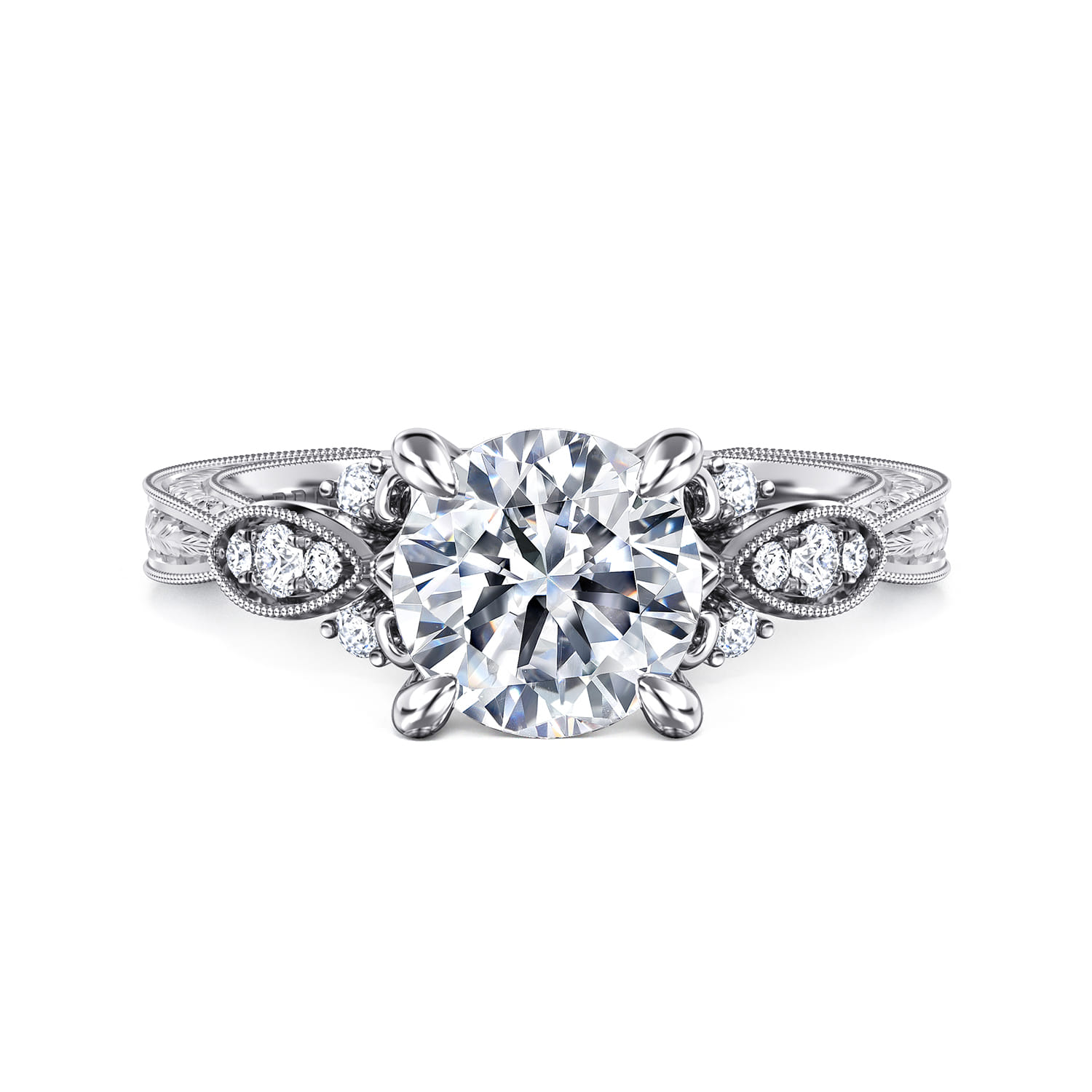 Solene - Vintage Inspired 14K White Gold Round Diamond Engagement Ring - 0.14 ct - Shot 1