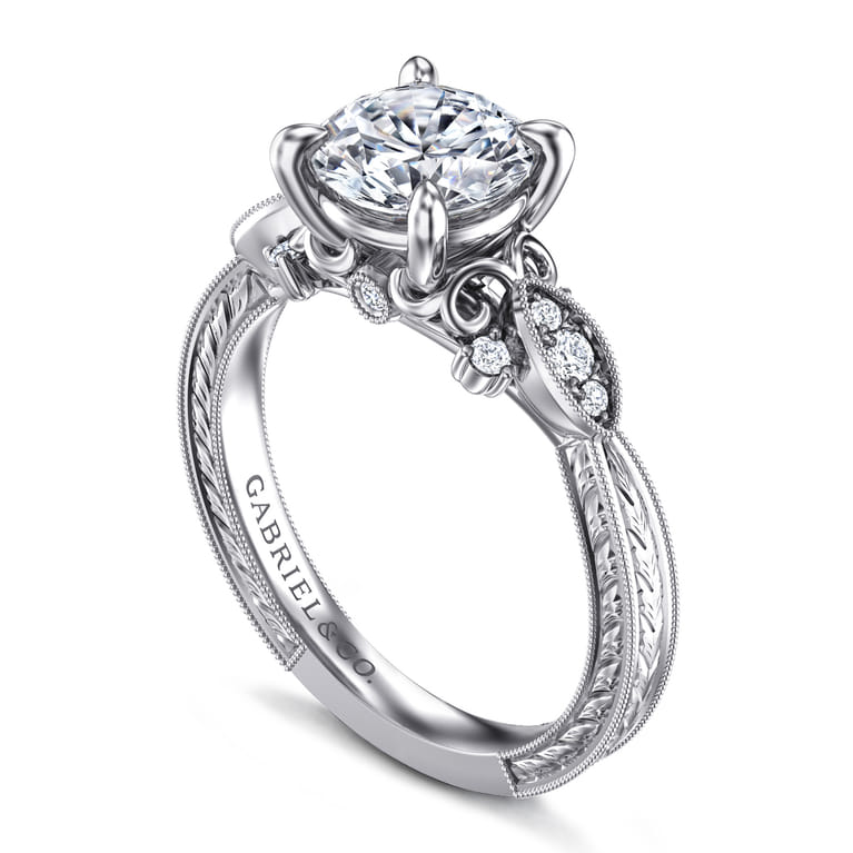 Solene - Vintage Inspired 14K White Gold Round Diamond Engagement Ring - 0.14 ct - Shot 3