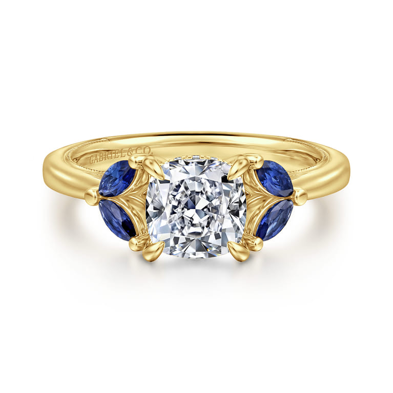 Dani - 14K Yellow Gold Cushion Cut Diamond and Sapphire Engagement Ring - 0.4 ct - Shot 1
