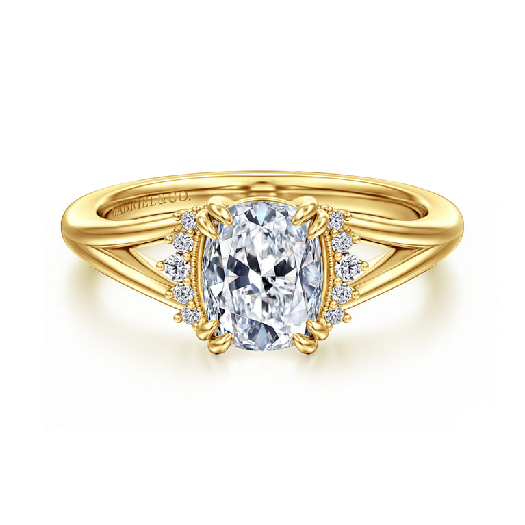 Solenne - 14K Y.Gold Split Shank Elongated Cushion Diamond Engagement Ring - 0.06 ct - Shot 1