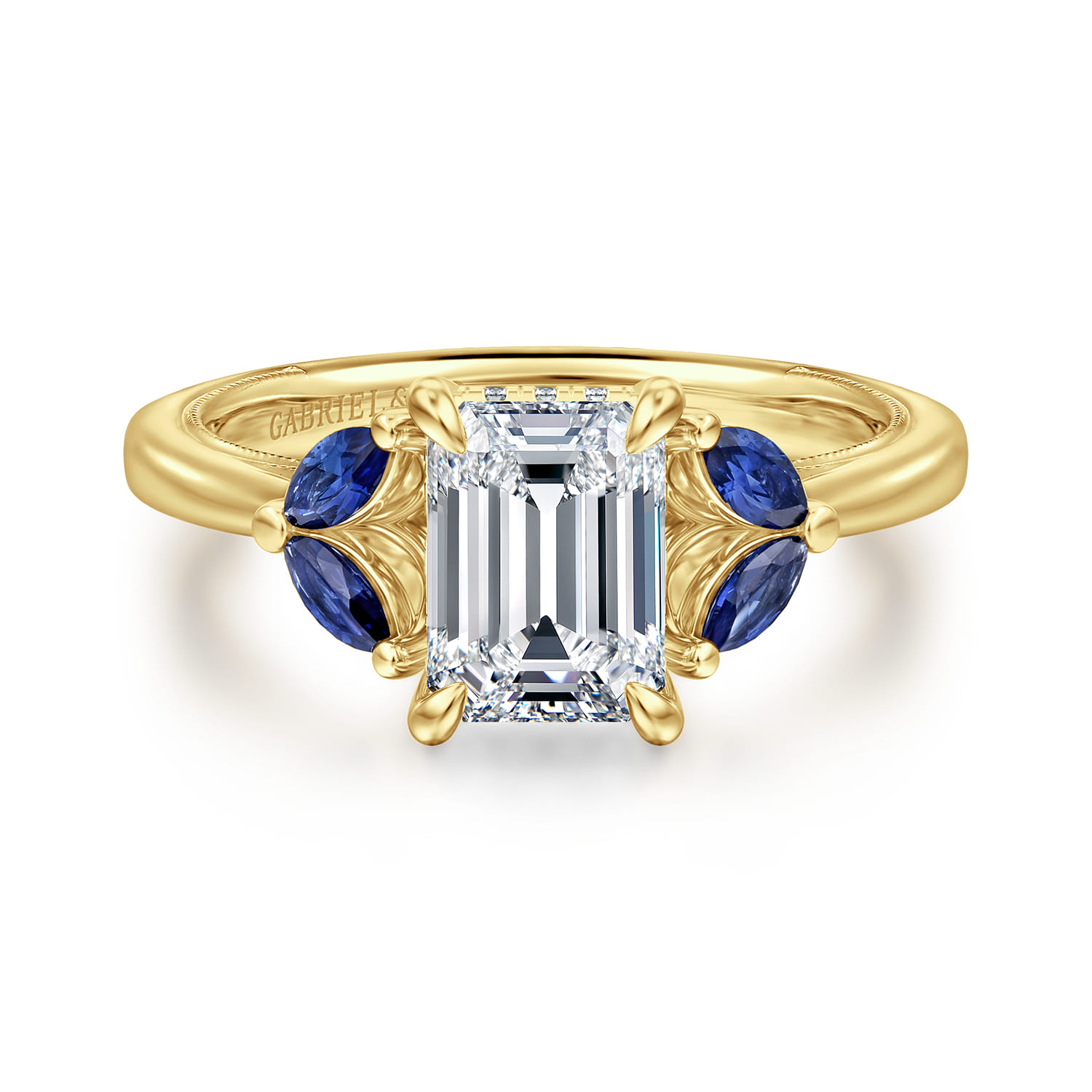 Dani - 14K Yellow Gold Emerald Cut Diamond and Sapphire Engagement Ring - 0.4 ct - Shot 1