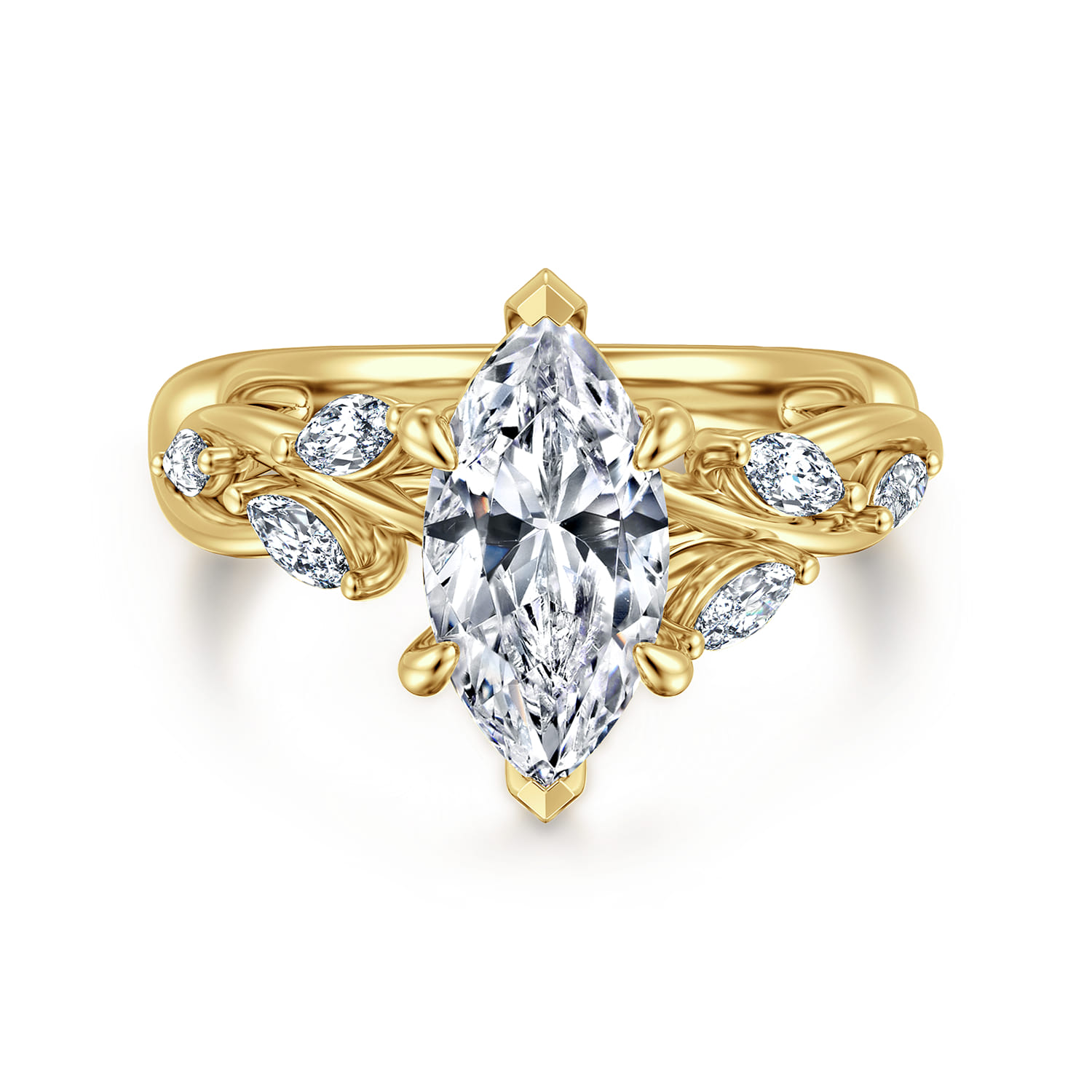 Charlina - 14K Yellow Gold 6 Prong Floral Marquise Shape Diamond Engagement Ring - 0.37 ct - Shot 1