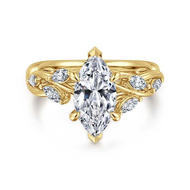 Charlina - 14K Yellow Gold 6 Prong Floral Marquise Shape Diamond Engagement Ring - 0.37 ct - Shot 1