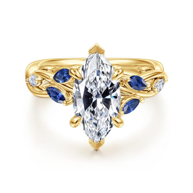 Charlina - 14K Yellow Gold 6 Prong Floral Marquise Shape Diamond and Sapphire Engagement Ring - 0.09 ct - Shot 1