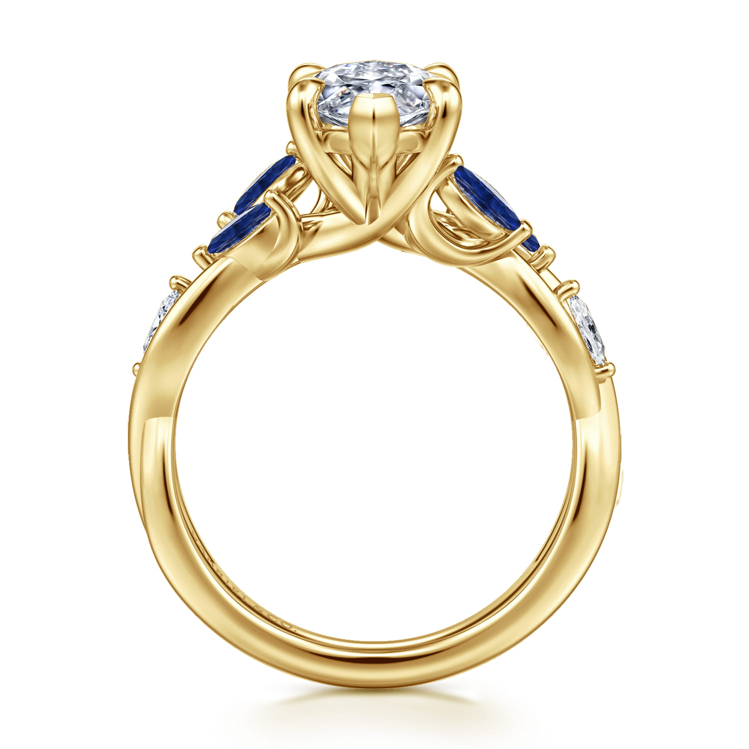 Charlina - 14K Yellow Gold 6 Prong Floral Marquise Shape Diamond and Sapphire Engagement Ring - 0.09 ct - Shot 2