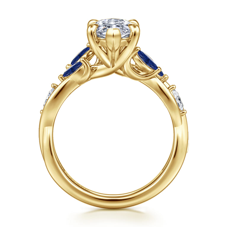 Charlina - 14K Yellow Gold 6 Prong Floral Marquise Shape Diamond and Sapphire Engagement Ring - 0.09 ct - Shot 2