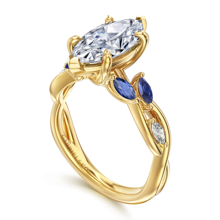 Charlina - 14K Yellow Gold 6 Prong Floral Marquise Shape Diamond and Sapphire Engagement Ring - 0.09 ct - Shot 3