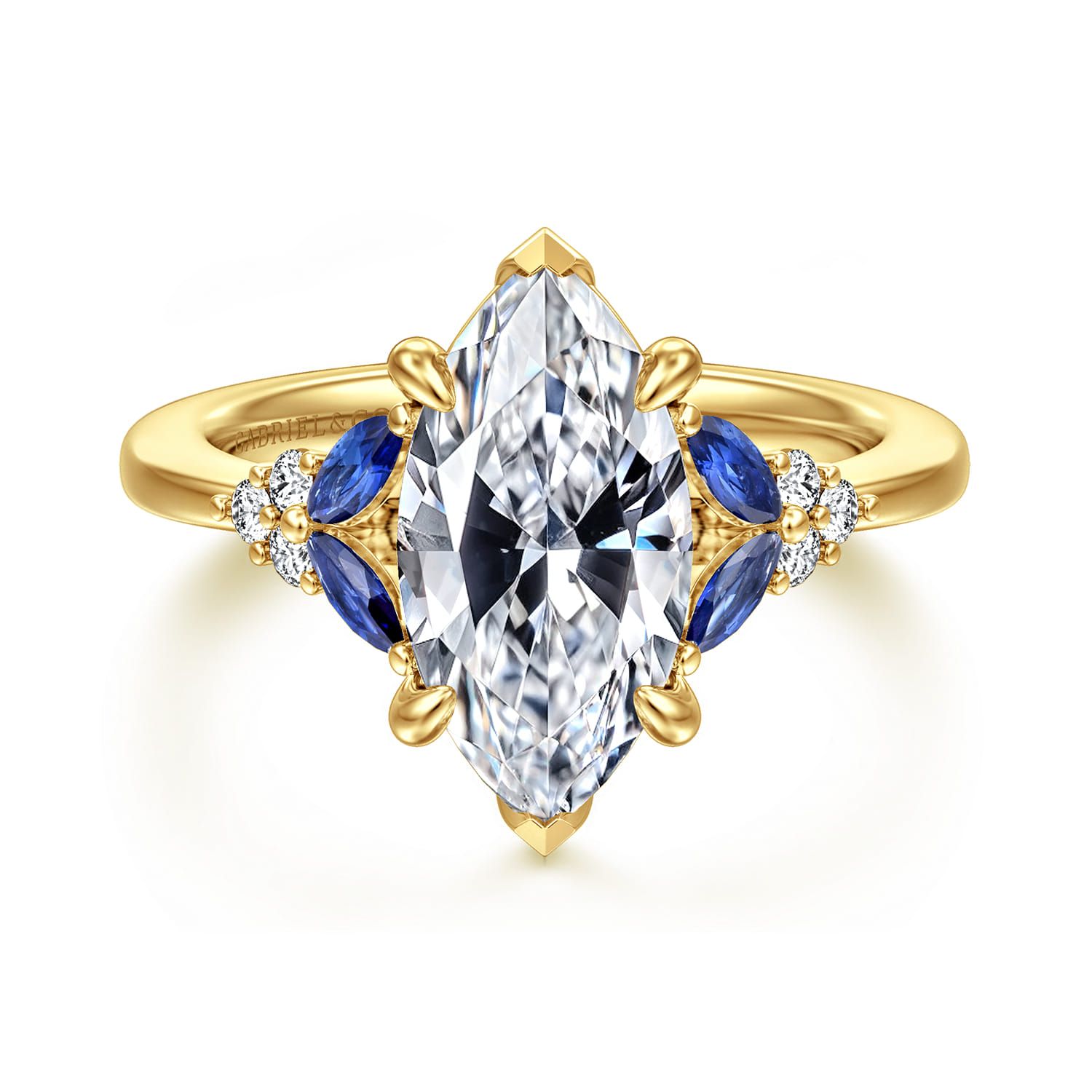 Lunara - 14K Yellow Gold Marquise Shape Sapphire and Diamond Engagement Ring - 0.09 ct - Shot 1