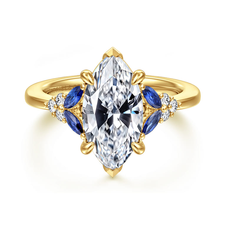 Lunara - 14K Yellow Gold Marquise Shape Sapphire and Diamond Engagement Ring - 0.09 ct - Shot 1