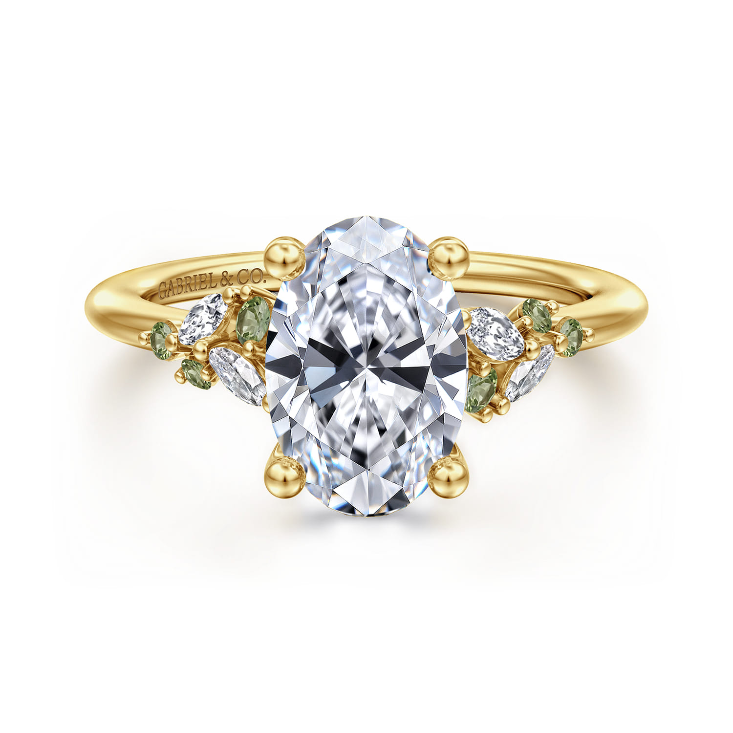 Meera - 14K Yellow Gold Oval Green Sapphire and Diamond Engagement Ring - 0.14 ct - Shot 1
