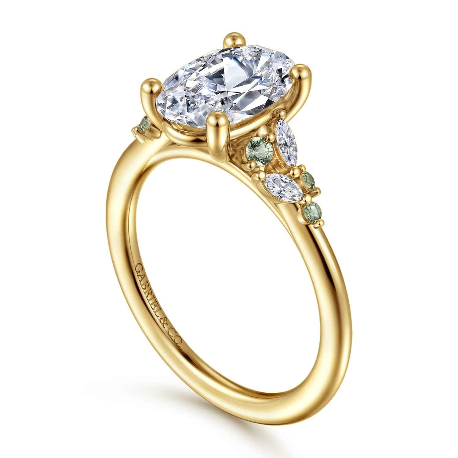 Meera - 14K Yellow Gold Oval Green Sapphire and Diamond Engagement Ring - 0.14 ct - Shot 3