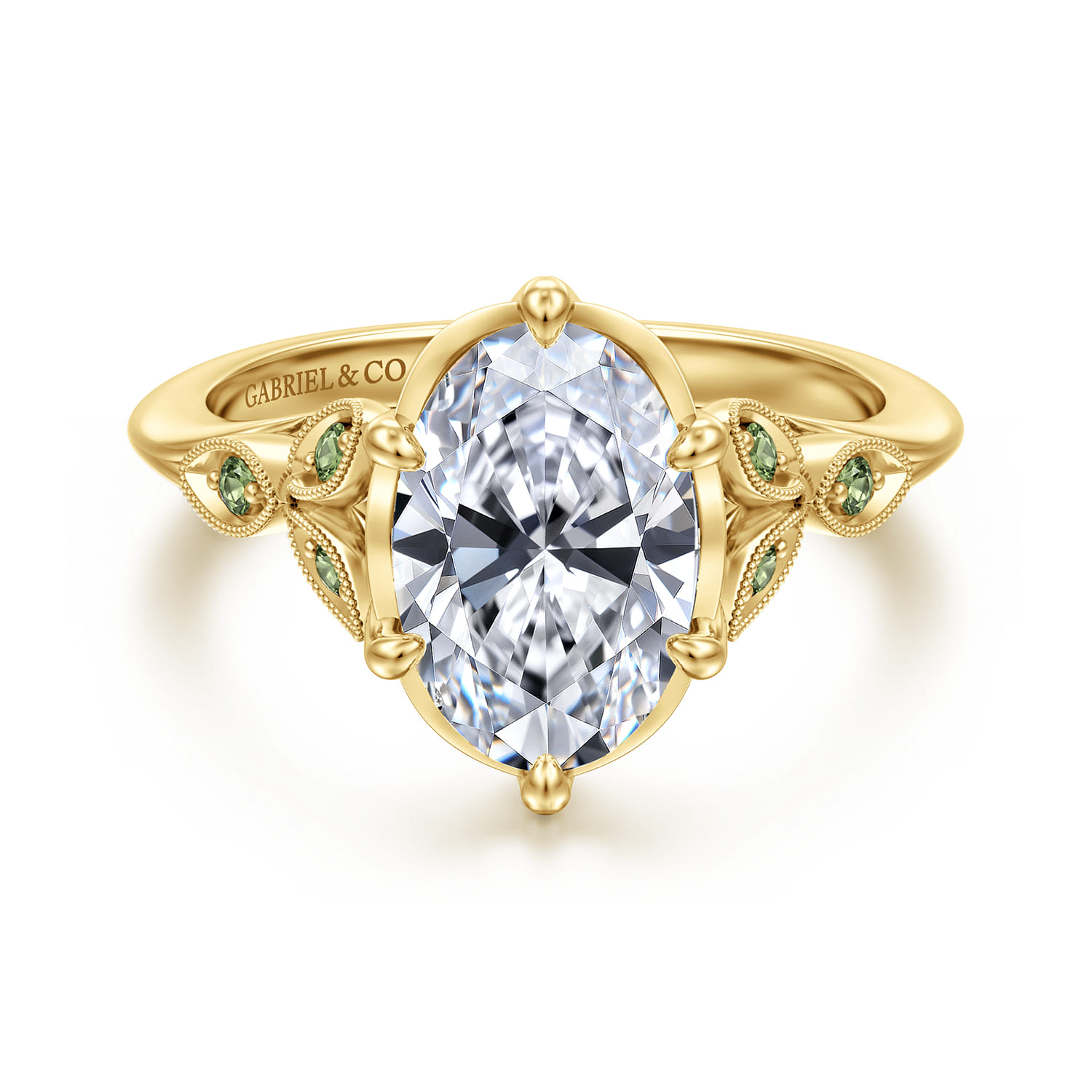 Tammy - Vintage Inspired 14K Yellow Gold Oval Green Sapphire and Diamod Engagement Ring - Shot 1