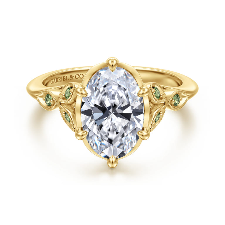 Tammy - Vintage Inspired 14K Yellow Gold Oval Green Sapphire and Diamod Engagement Ring - Shot 1