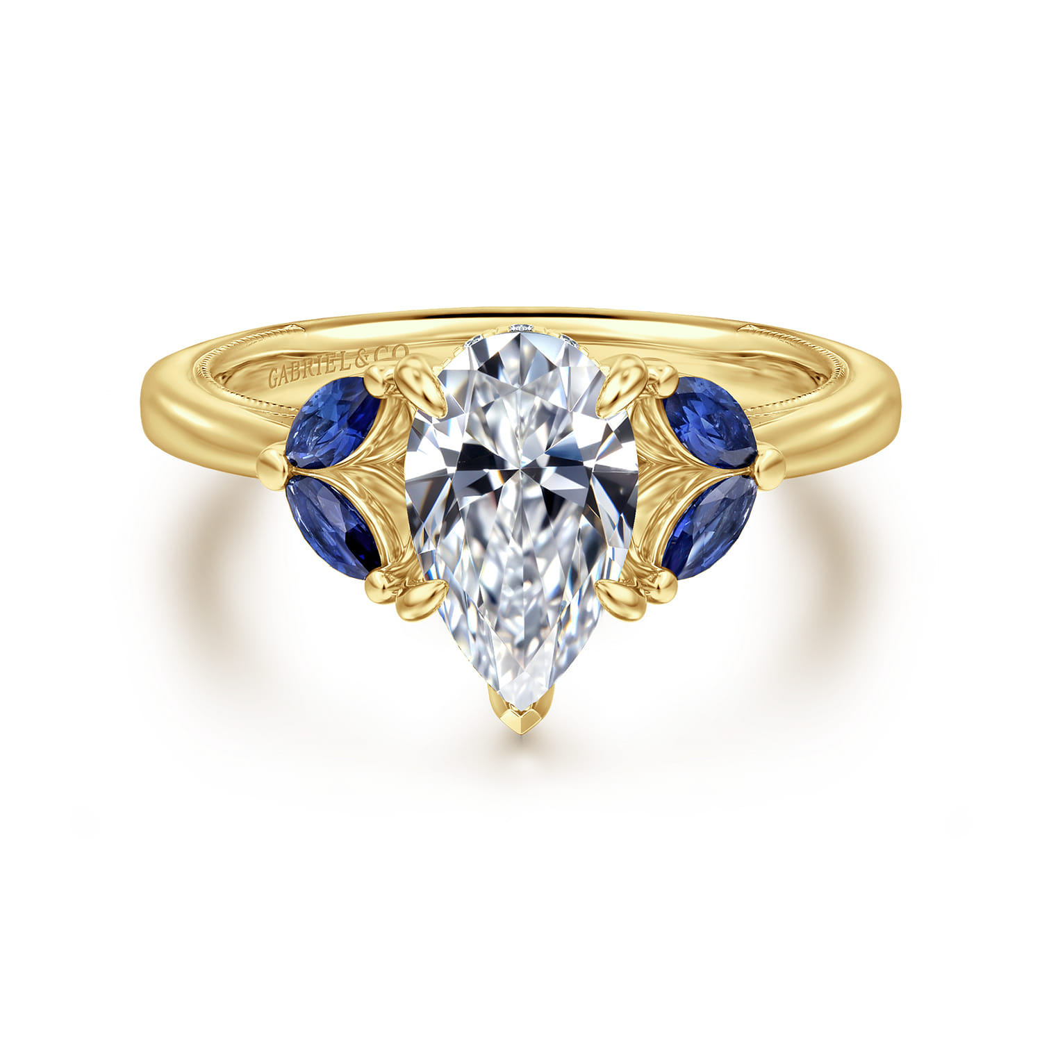 Dani - 14K Yellow Gold Pear Shape Diamond and Sapphire Engagement Ring - 0.4 ct - Shot 1