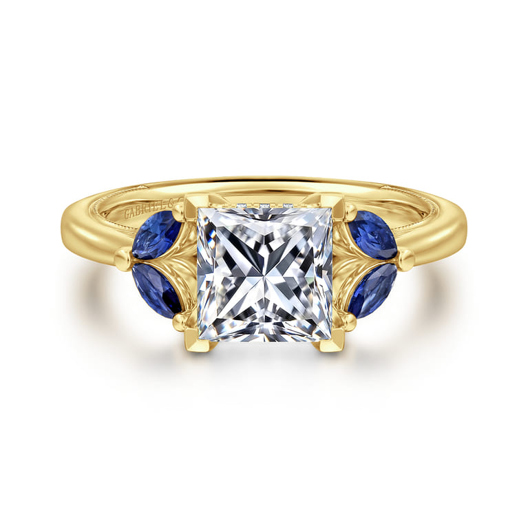 Dani - 14K Yellow Gold Princess Cut Diamond and Sapphire Engagement Ring - 0.4 ct - Shot 1