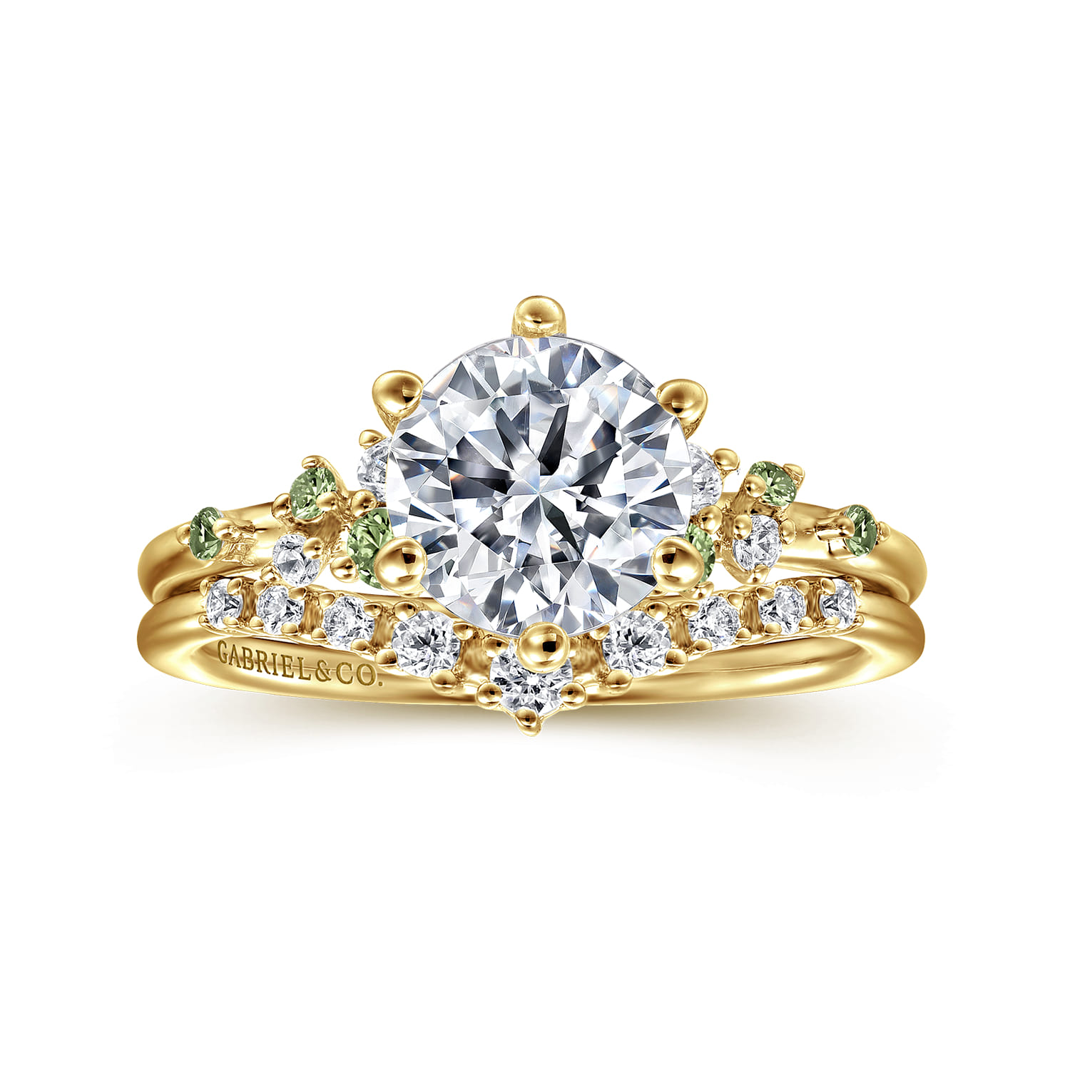 Reena - 14K Yellow Gold Round Green Sapphire and Diamond Engagement Ring - 0.06 ct - Shot 4
