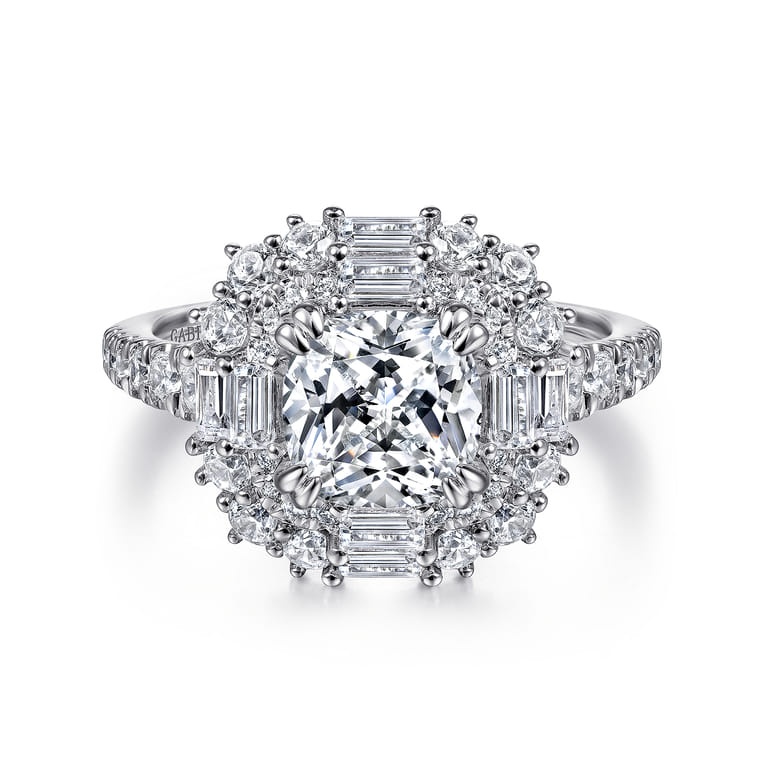 Brocade - 14K White Gold Cushion Double Halo Diamond Engagement Ring - 1.33 ct - Shot 1