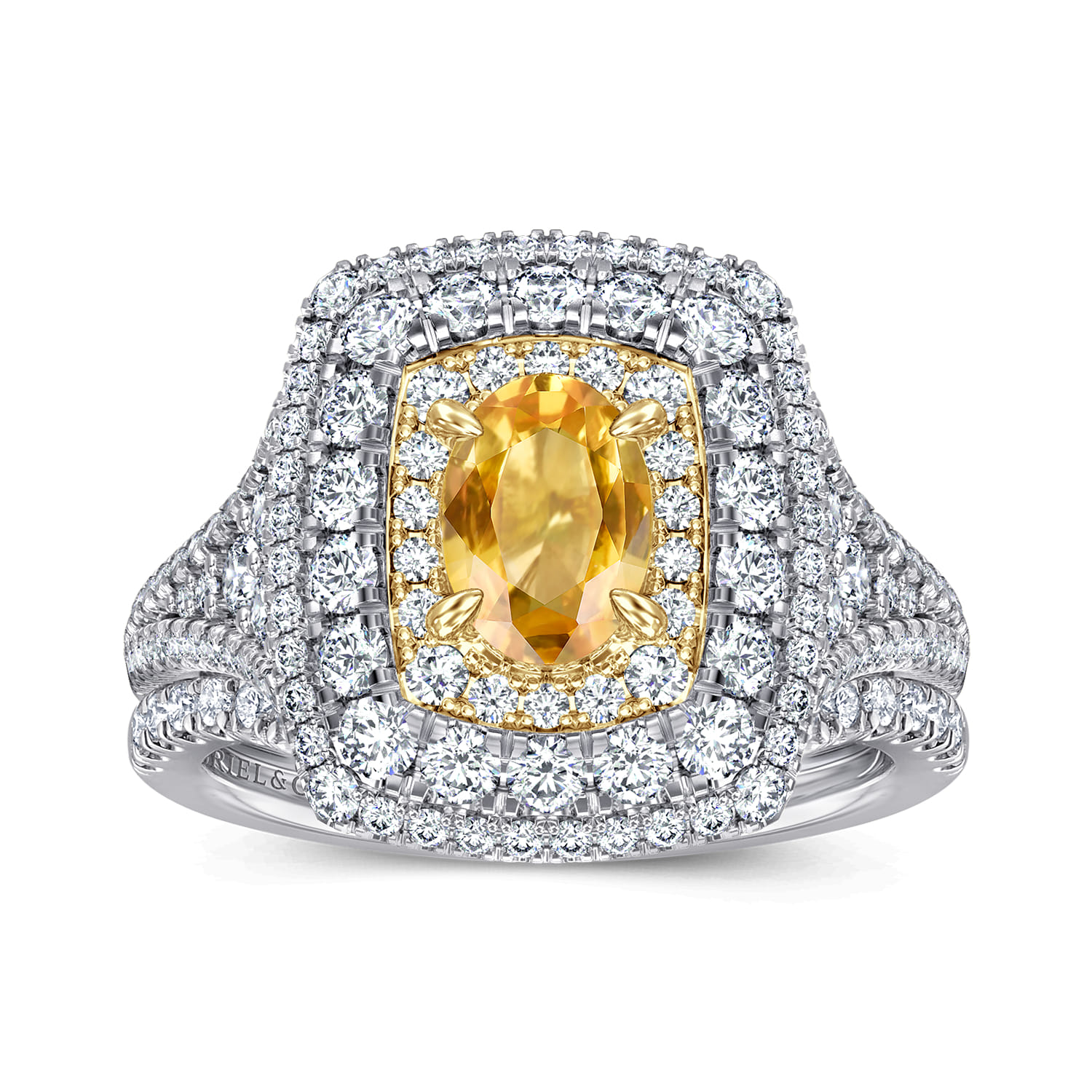 Ryan - 14K White-Yellow Gold Oval Yellow Sapphire and Diamond Triple Halo Engagement Ring - 1.5 ct - Shot 4