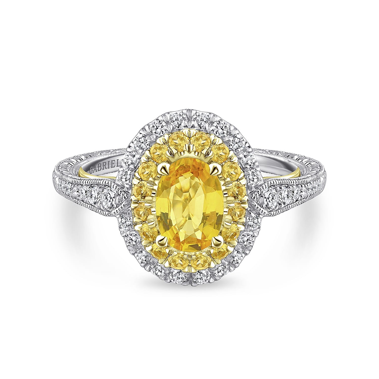 Sena - 14K White-Yellow Gold Oval Double Halo Diamond and Yellow Sapphire Engagement Ring - 0.31 ct - Shot 1