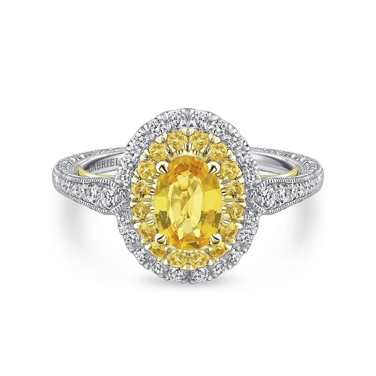 Sena - 14K White-Yellow Gold Oval Double Halo Diamond and Yellow Sapphire Engagement Ring - 0.31 ct - Shot 1