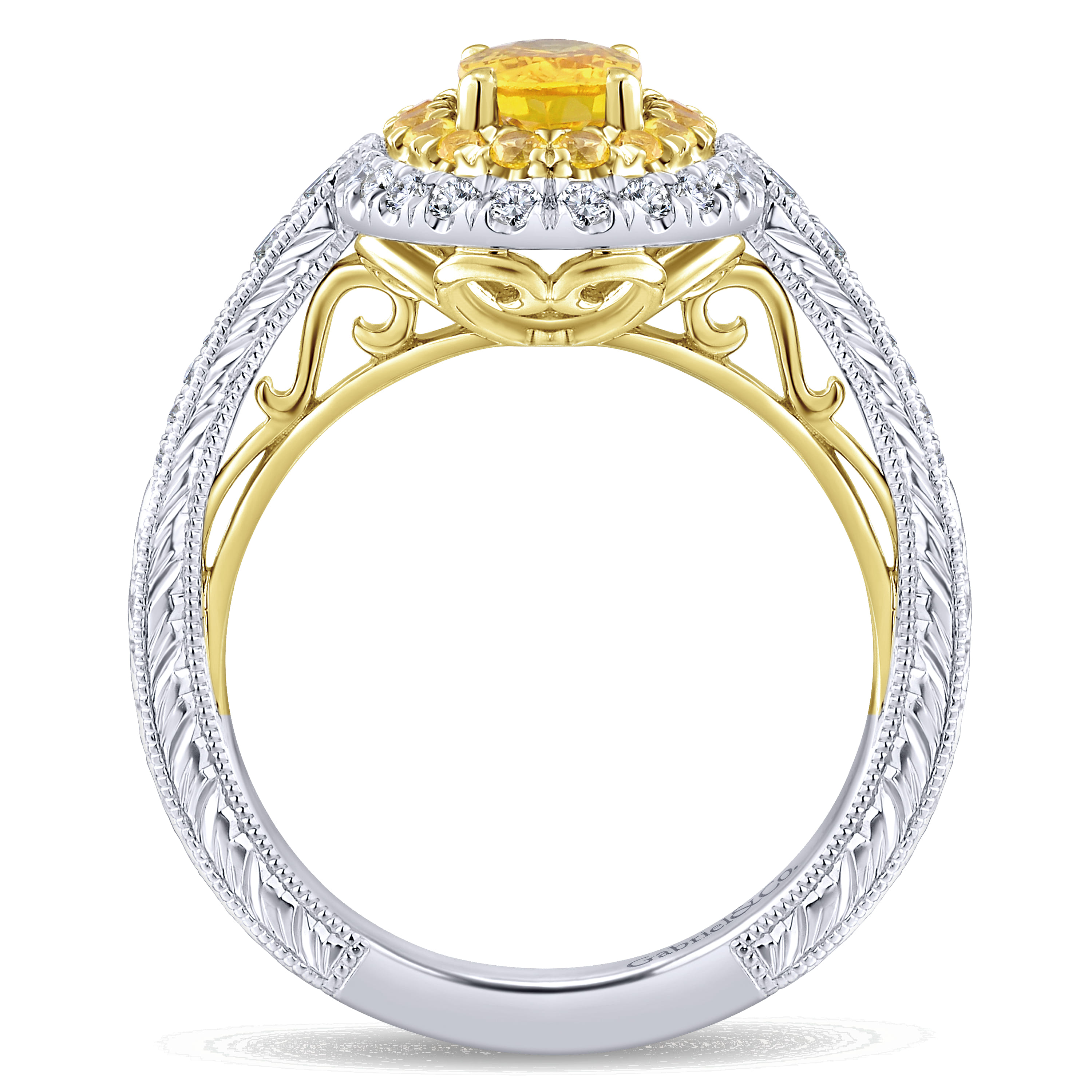 Sena - 14K White-Yellow Gold Oval Double Halo Diamond and Yellow Sapphire Engagement Ring - 0.31 ct - Shot 2