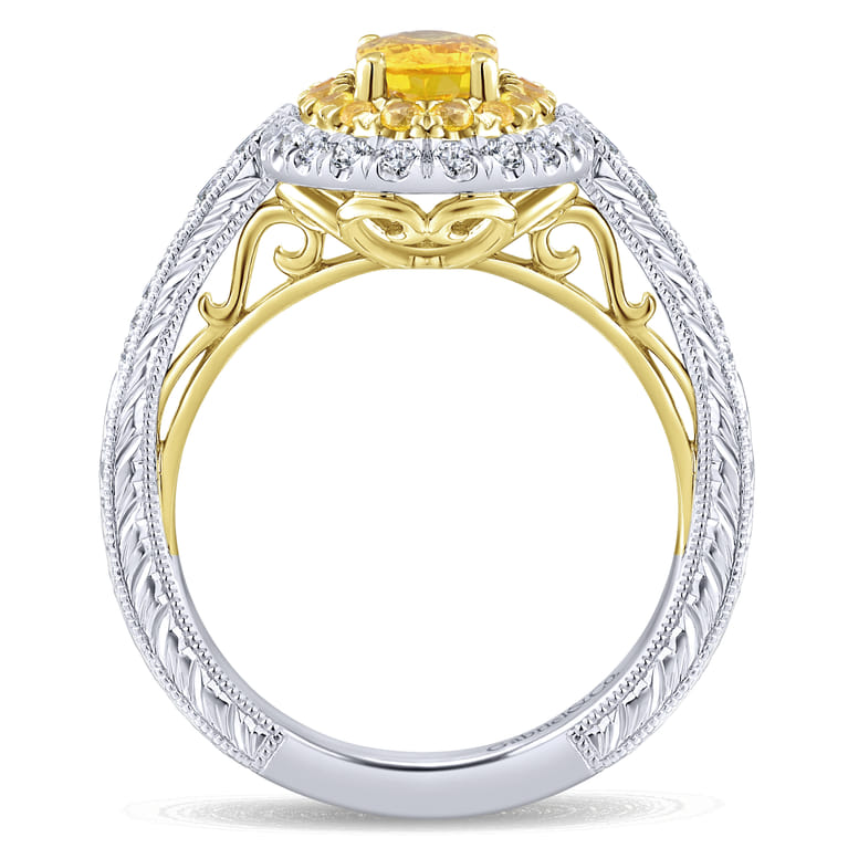 Sena - 14K White-Yellow Gold Oval Double Halo Diamond and Yellow Sapphire Engagement Ring - 0.31 ct - Shot 2