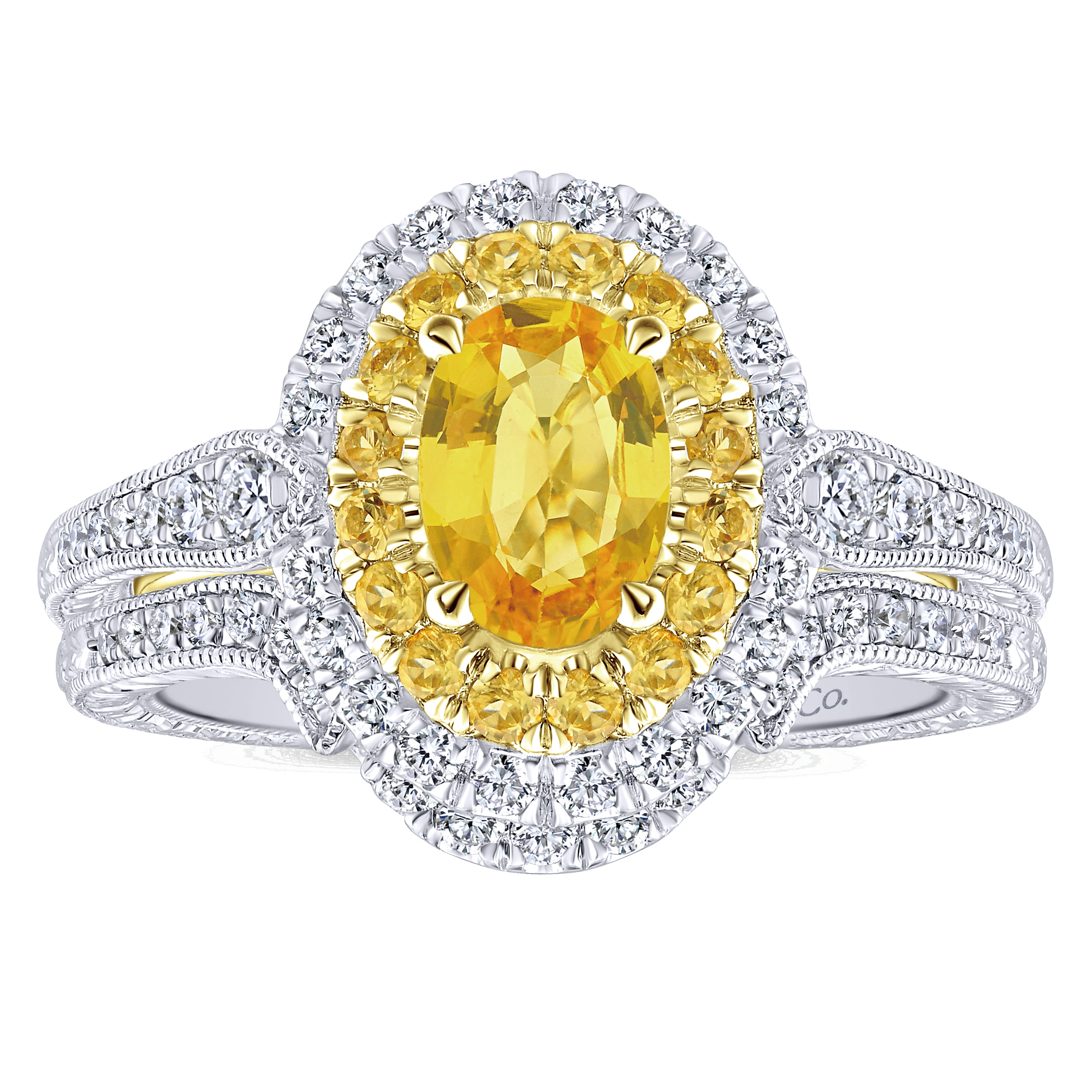 Sena - 14K White-Yellow Gold Oval Double Halo Diamond and Yellow Sapphire Engagement Ring - 0.31 ct - Shot 4