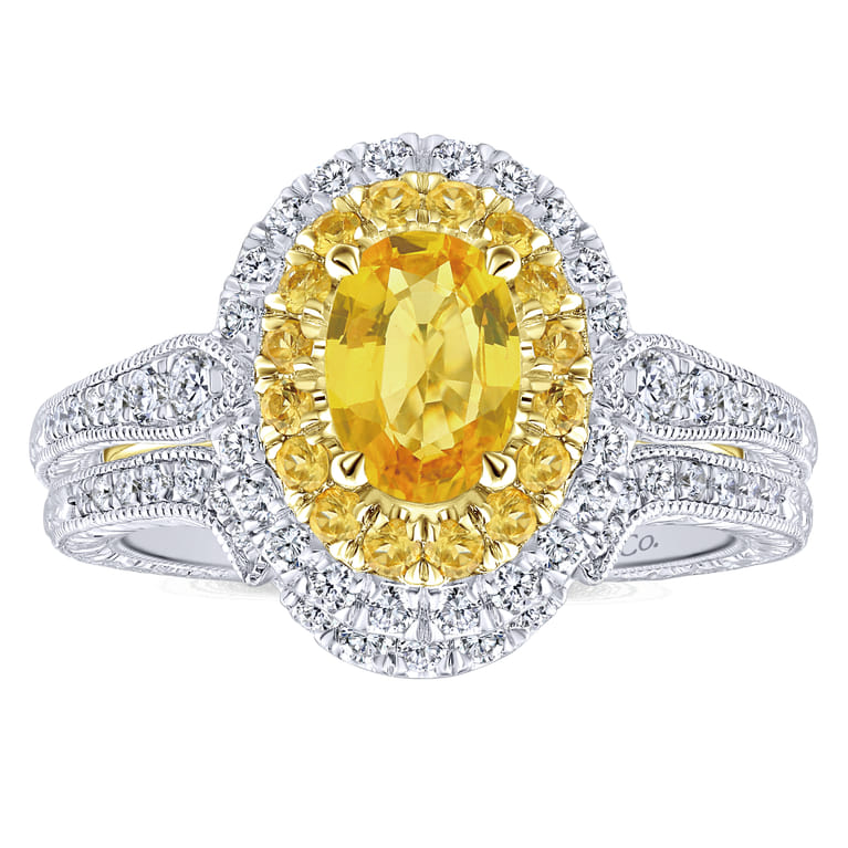Sena - 14K White-Yellow Gold Oval Double Halo Diamond and Yellow Sapphire Engagement Ring - 0.31 ct - Shot 4