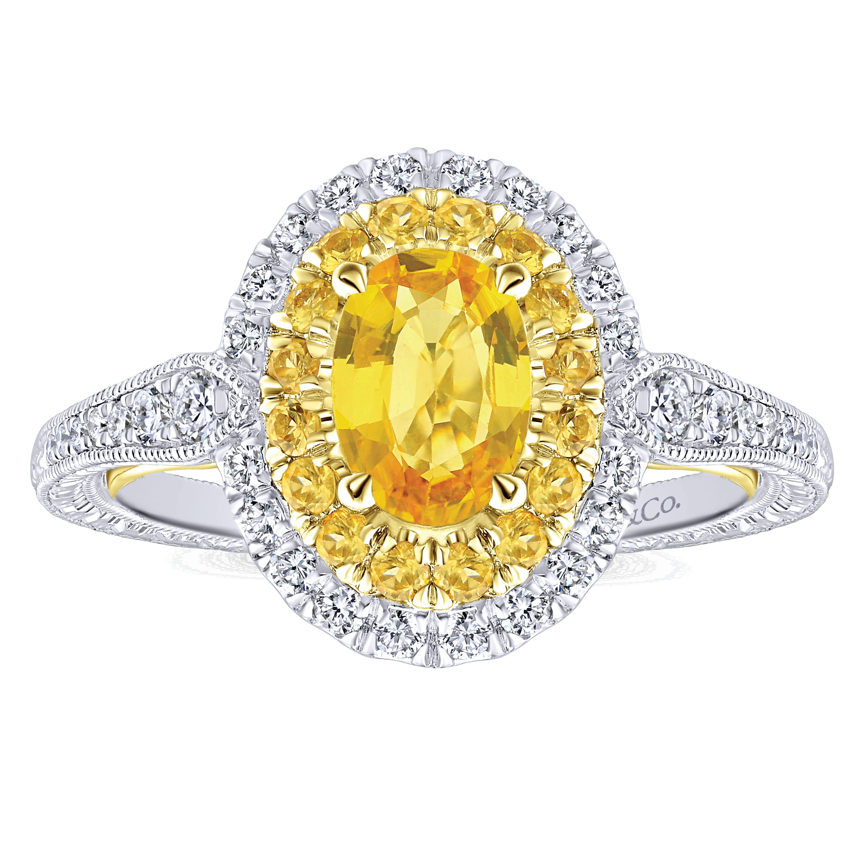 Sena - 14K White-Yellow Gold Oval Double Halo Diamond and Yellow Sapphire Engagement Ring - 0.31 ct - Shot 5