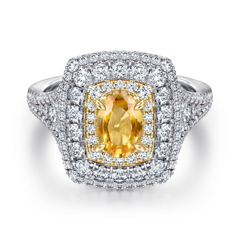 Ryan - 14K White-Yellow Gold Oval Yellow Sapphire and Diamond Triple Halo Engagement Ring - 1.32 ct - Shot 1