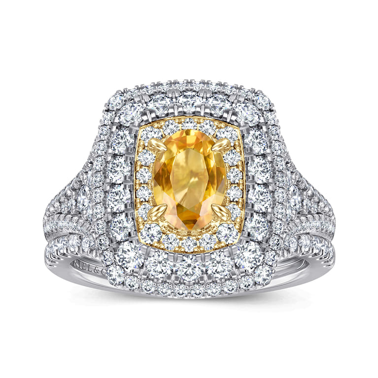 Ryan - 14K White-Yellow Gold Oval Yellow Sapphire and Diamond Triple Halo Engagement Ring - 1.32 ct - Shot 4