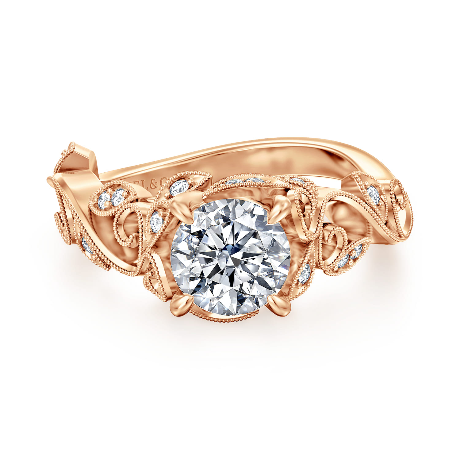 Martedi - 14K Rose Gold Floral Round Diamond Engagement Ring - 0.15 ct - Shot 1
