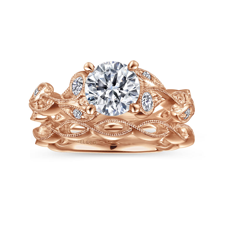 Lena - 14K Rose Gold Floral Round Diamond Engagement Ring - 0.16 ct - Shot 4