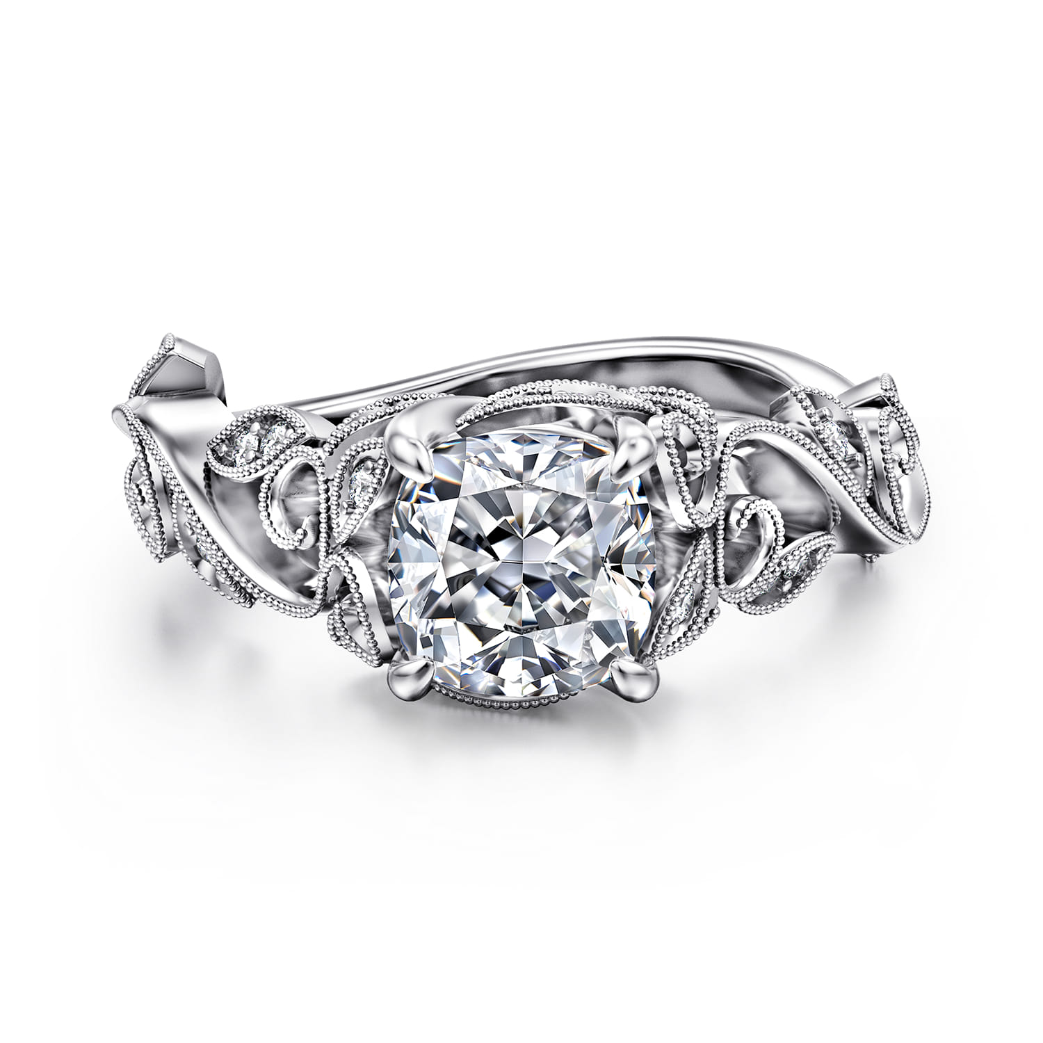 Martedi - 14K White Gold Floral Cushion Cut Diamond Engagement Ring - 0.15 ct - Shot 1