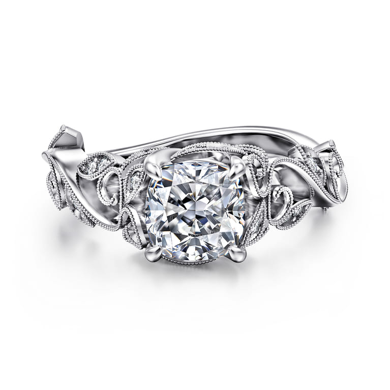 Martedi - 14K White Gold Floral Cushion Cut Diamond Engagement Ring - 0.15 ct - Shot 1