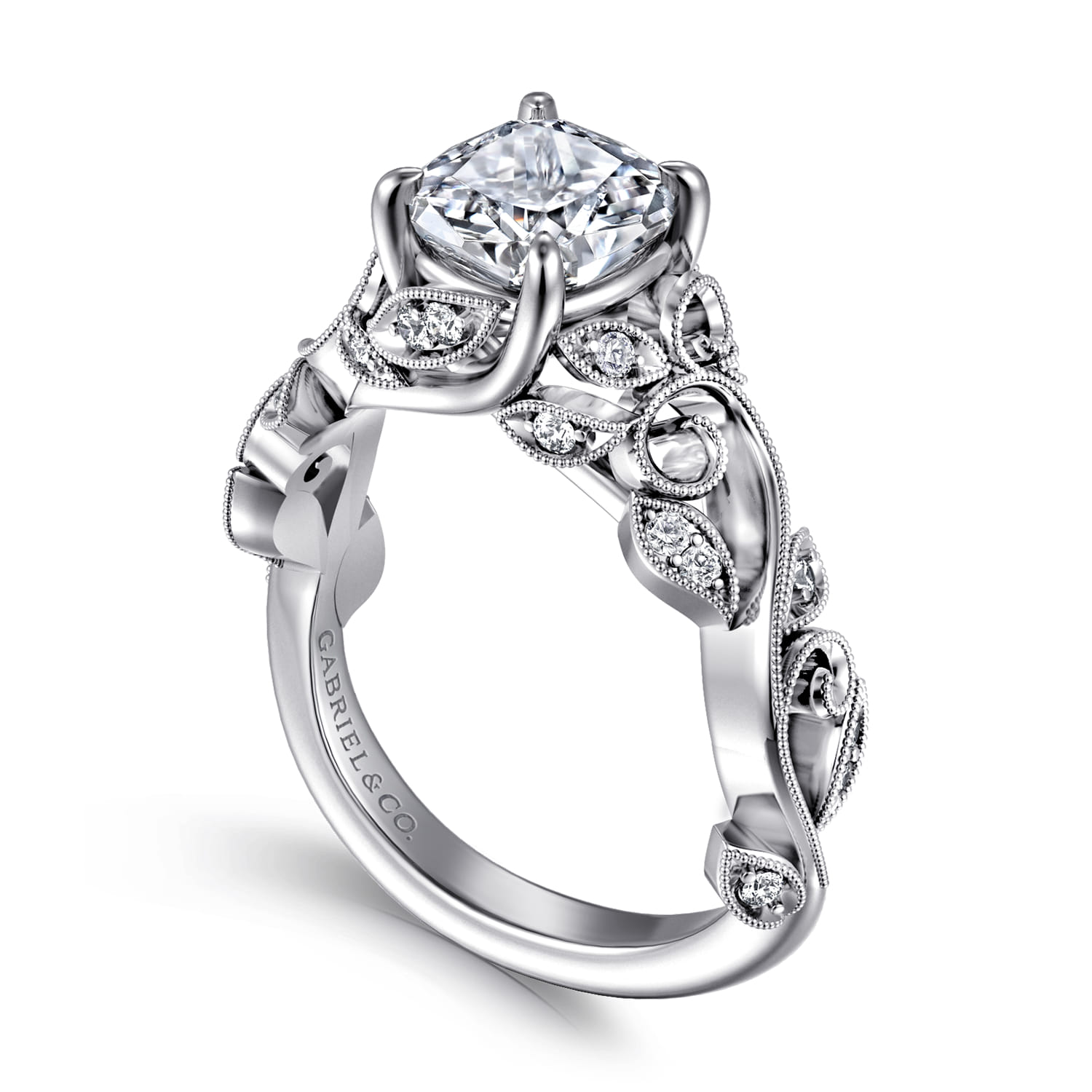 Martedi - 14K White Gold Floral Cushion Cut Diamond Engagement Ring - 0.15 ct - Shot 3