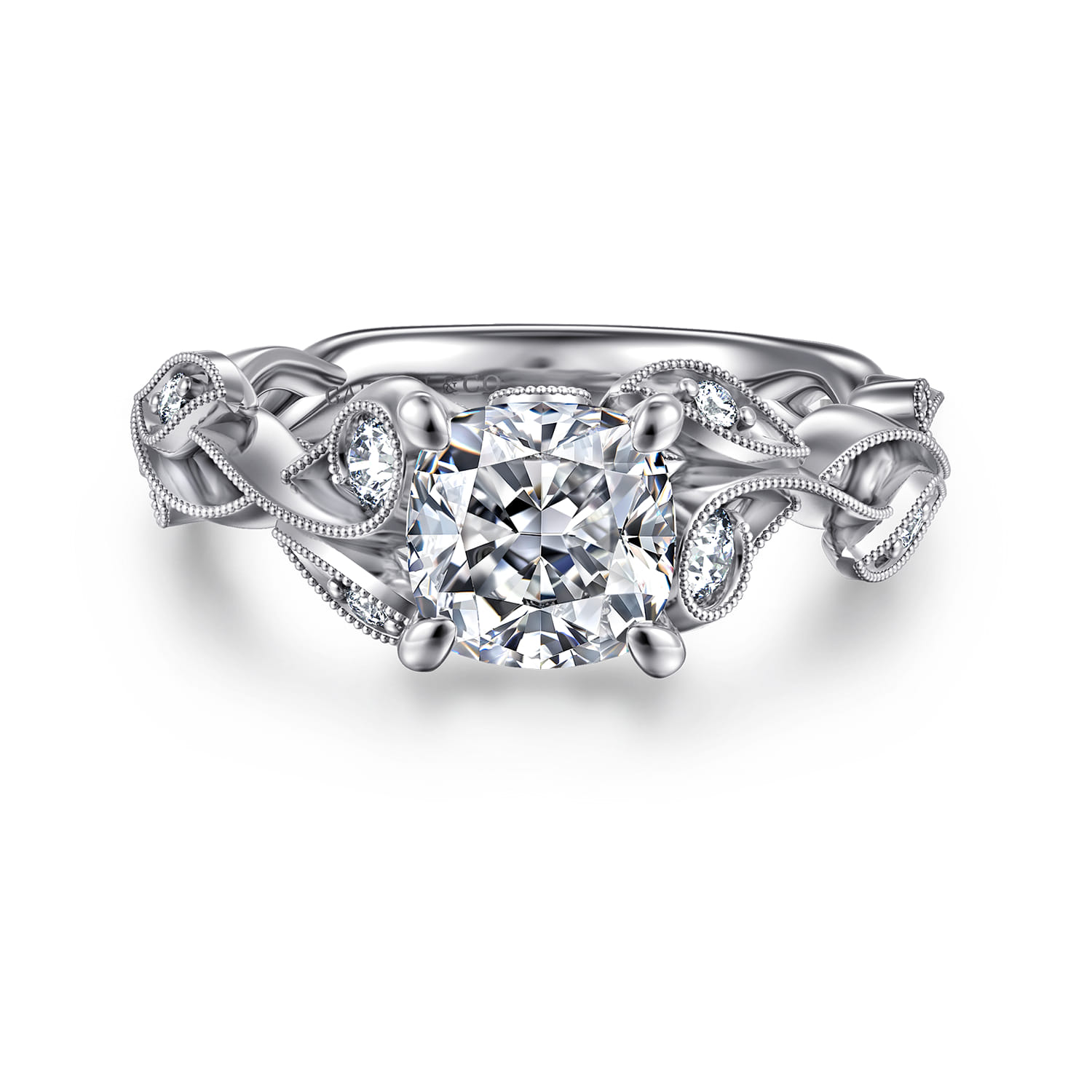 Lena - 14K White Gold Floral Cushion Cut Diamond Engagement Ring - 0.16 ct - Shot 1