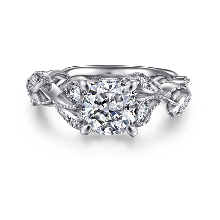 Lena - 14K White Gold Floral Cushion Cut Diamond Engagement Ring - 0.16 ct - Shot 1
