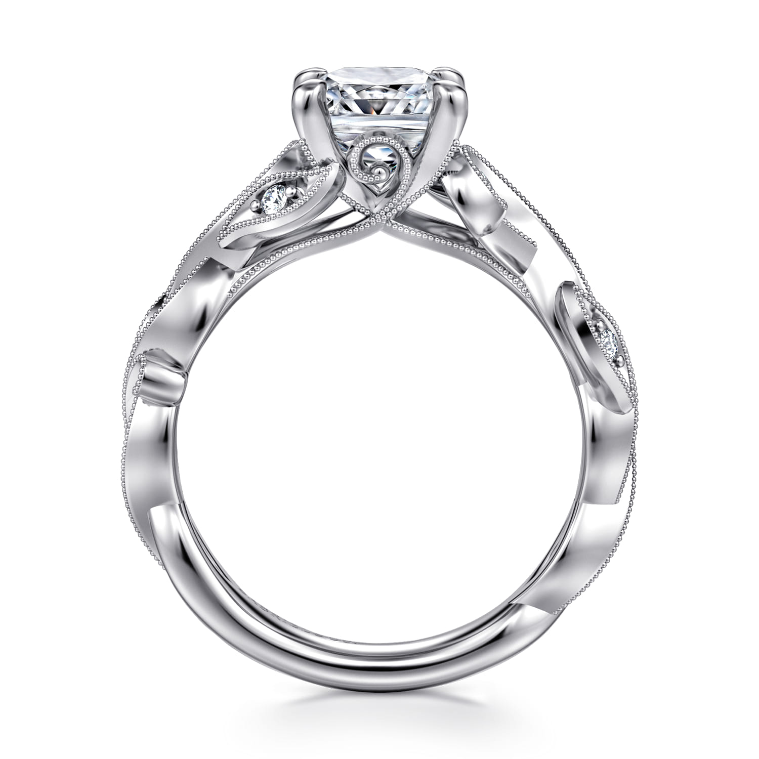 Lena - 14K White Gold Floral Cushion Cut Diamond Engagement Ring - 0.16 ct - Shot 2