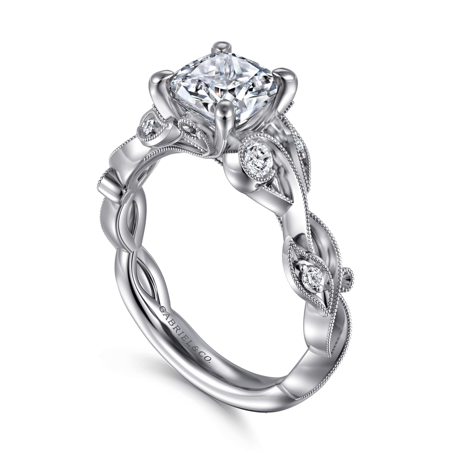 Lena - 14K White Gold Floral Cushion Cut Diamond Engagement Ring - 0.16 ct - Shot 3